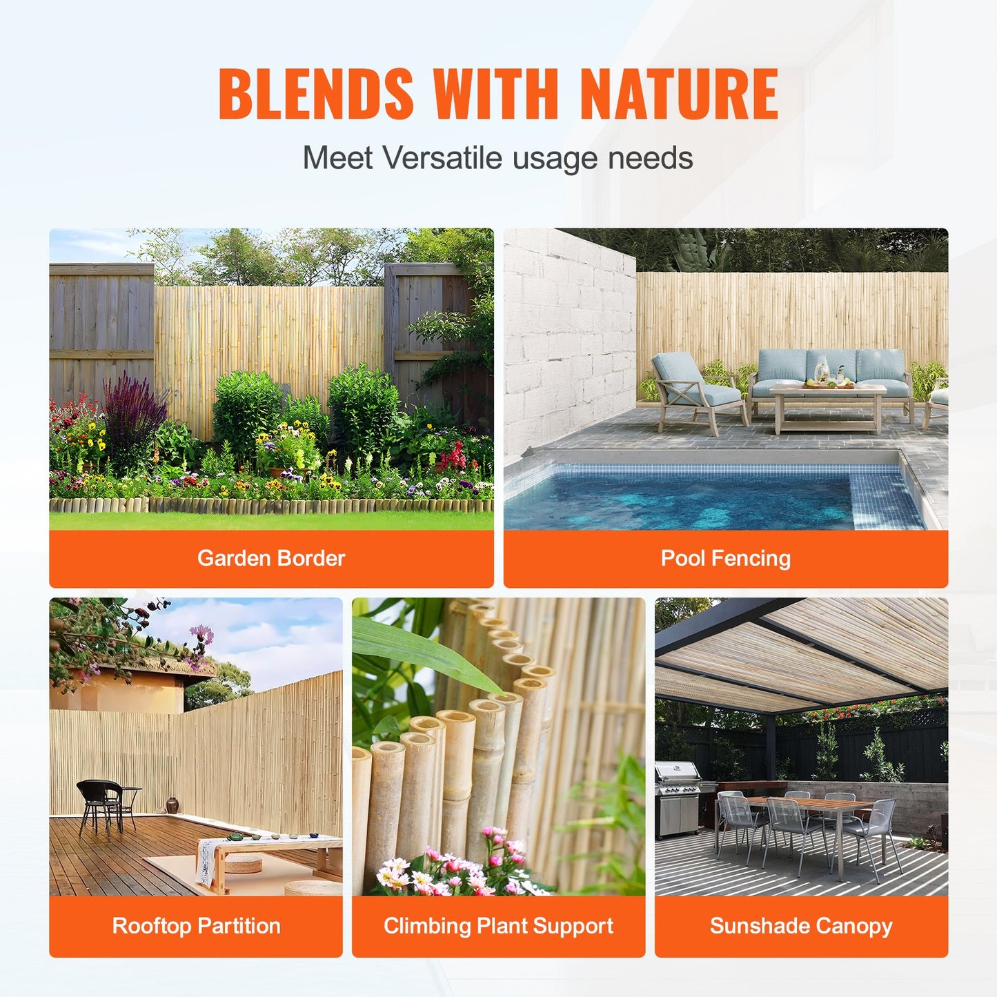 Natural Rolled Bamboo staket Bamboo Panel 4 ft H x 8 ft L x 0,75 in D.