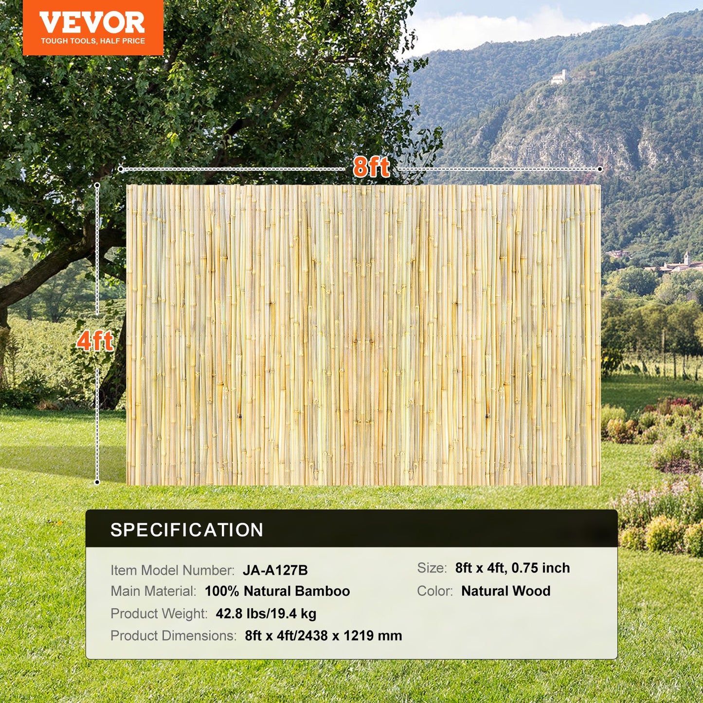 Natural Rolled Bamboo staket Bamboo Panel 4 ft H x 8 ft L x 0,75 in D.