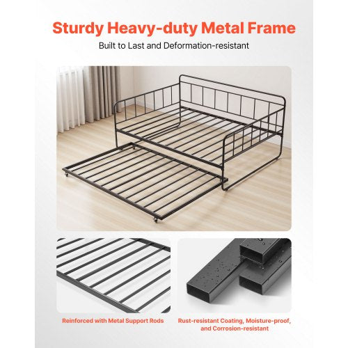 Dagbädd i full storlek med metallram, utdragbar säng och metallribbor