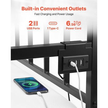 Double daybed with frame, height-adjustable daybed with pull-out charging station, LED | EU