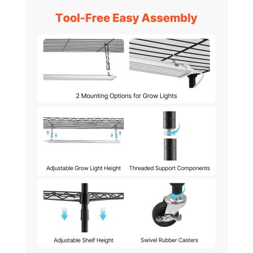 Växthylla med odlingslampa, 6-vånings inomhusväxtställ, 180 cm högt växtställ med hjul och 4/9/14 timmars timer, 150W 3-färgs fullspektrum odlingslampor, blomkruka för fröstart |  EU