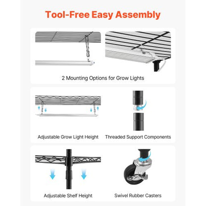 Växthylla med odlingslampa, 4-våningars inomhusväxtställ, 150 cm högt växtställ med hjul, 90W 3-färgade fullspektrum odlingslampor, kraftig metallkruka för fröplantering |  EU
