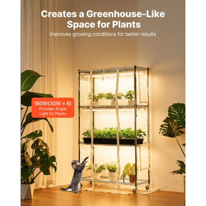 inomhusväxthus med odlingslampa, 150 cm högt växtställ med 4 nivåer, genomskinligt lock, timer och hygrometer, 180 W fullspektrum odlingslampor, metallbelyst växthylla för inomhusväxter |  EU