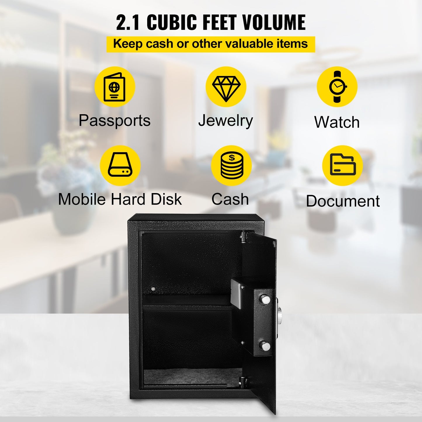 Safe, 2.1 Cubic Foot Safe with Fingerprint Lock and Digital Keypad, Fireproof Home Safes with Removable Shelf, Wall Mounted Security Cabinet for Cash, Watch, Passport, Documents, Black