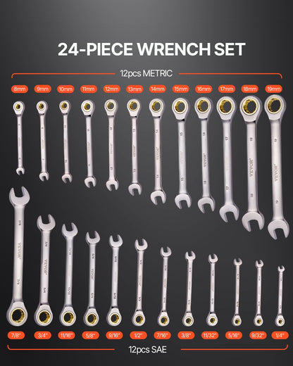 Kombinationsnyckelsats 24 ST SAE 1/4" - 7/8" Metriskt 8-19mm Organizer Rack