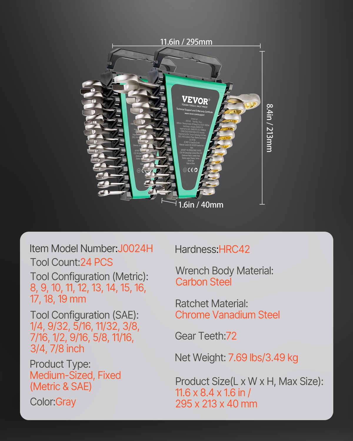 Kombinationsnyckelsats 24 ST SAE 1/4" - 7/8" Metriskt 8-19mm Organizer Rack