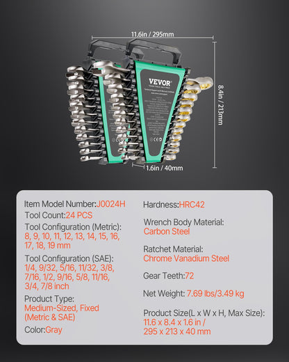 Kombinationsnyckelsats 24 ST SAE 1/4" - 7/8" Metriskt 8-19mm Organizer Rack