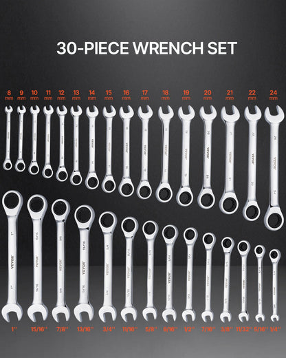 Kombinationsnyckelsats 30 ST SAE 1/4" till 1", metriskt 8-24 mm organiseringsställ