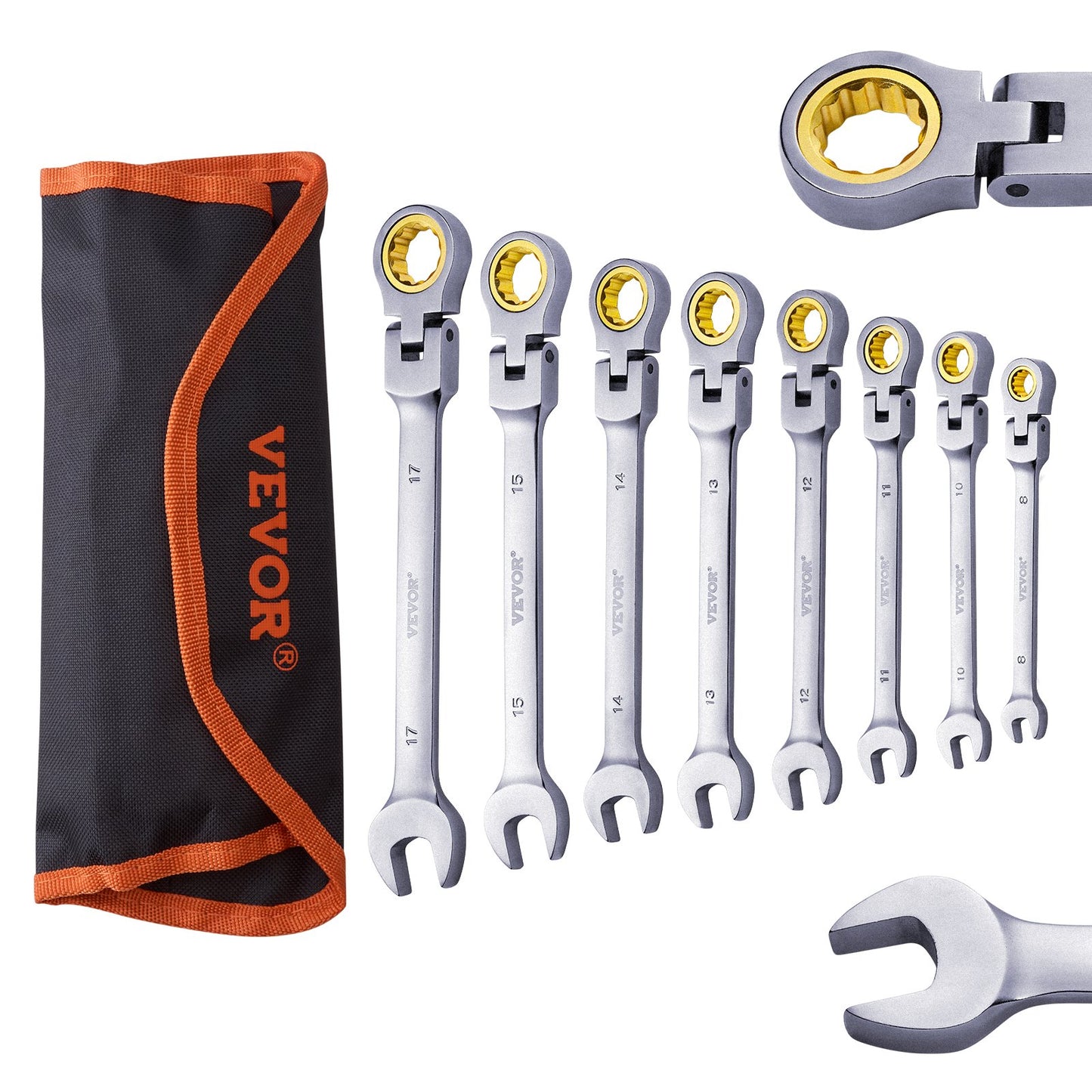 Flex-Head Ratchet Set 8 PC Metric 8 mm-17 mm with Roll-up bag