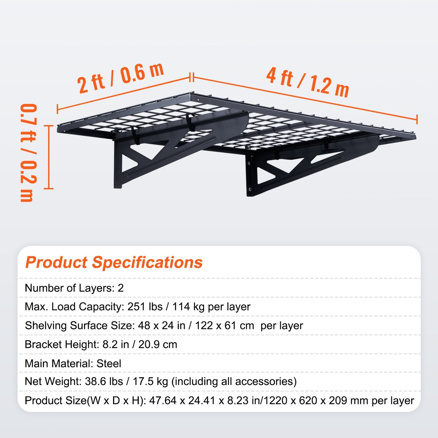 Garageförvaringshyllor, 2-pack, 4 x 2 fot Heavy Duty Garagehyllor Väggmonterade, 502 lbs Lastkapacitet (totalt) Garageförvaringsställ Flytande hyllor, Lämplig för butik, bod, garageförvaring