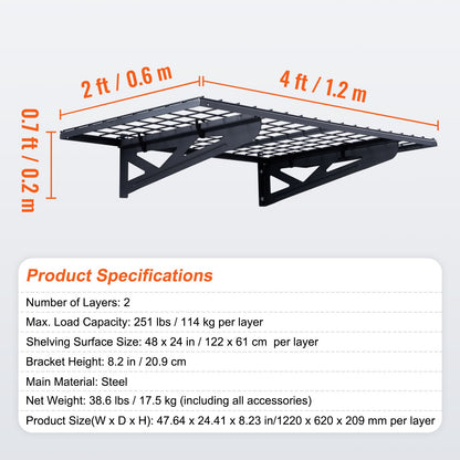Garageförvaringshyllor, 2-pack, 4 x 2 fot Heavy Duty Garagehyllor Väggmonterade, 502 lbs Lastkapacitet (totalt) Garageförvaringsställ Flytande hyllor, Lämplig för butik, bod, garageförvaring