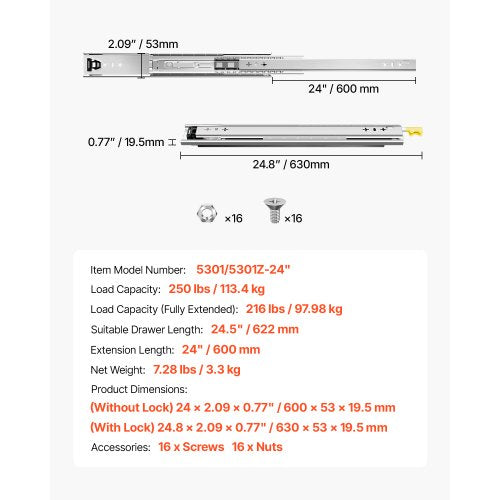 1 Pair 16-60 Inch Soft Closing Drawer Slides Ball Bearing Full Extendable | EU