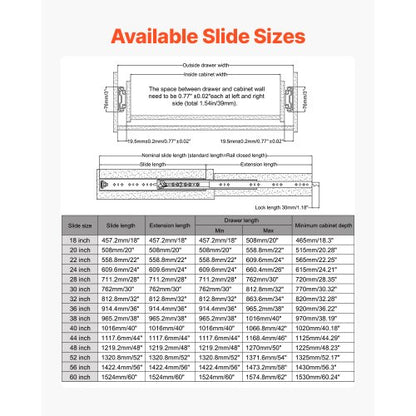1 Paar 16-60 Zoll Soft-Close-Schubladenschienen Kugellager Voll ausziehbar | EU