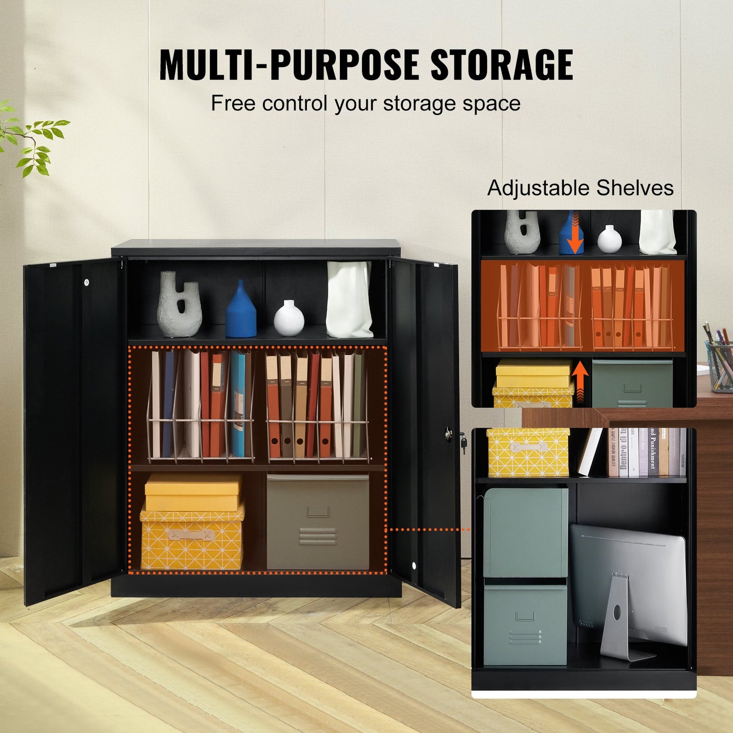 Metal Storage Cabinet with 2 Magnetic Doors and 4 Adjustable Shelves, 200 lbs Capacity Per Shelf, Locking Steel Storage Cabinet, 42'' Metal Cabinet with 3 Keys, for Office, Garage, Home, Black