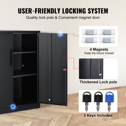 Metal Storage Cabinet with 2 Magnetic Doors and 4 Adjustable Shelves, 200 lbs Capacity Per Shelf, Locking Steel Storage Cabinet, 42'' Metal Cabinet with 3 Keys, for Office, Garage, Home, Black
