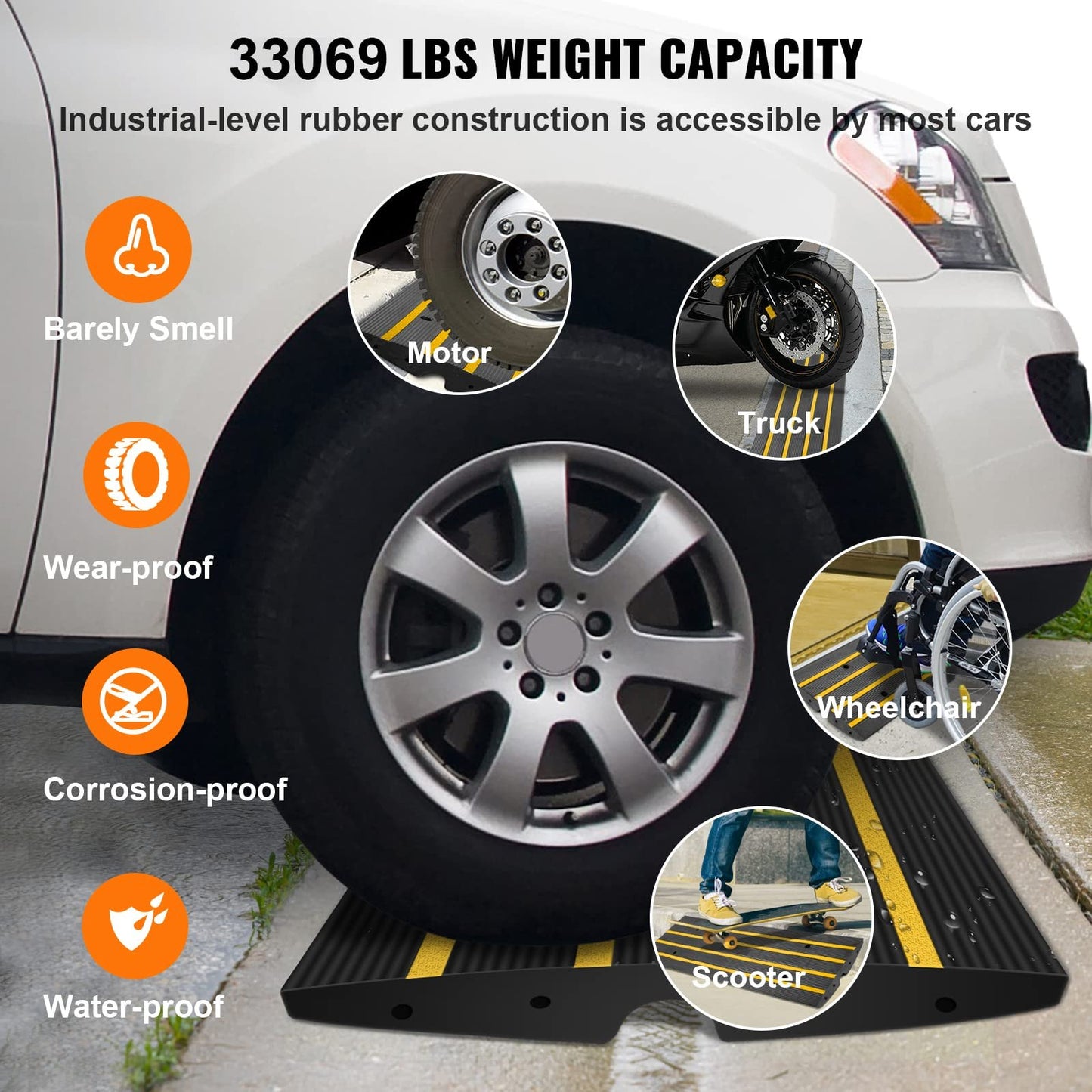 Sidewalk Ramp, 2.6 Inch Rubber Driveway Ramps, Heavy Duty 33069 lbs Weight Capacity Threshold Ramp, Curbside Bridge Ramps for Loading Dock Garage Sidewalk, Expandable Complete Ramp Set