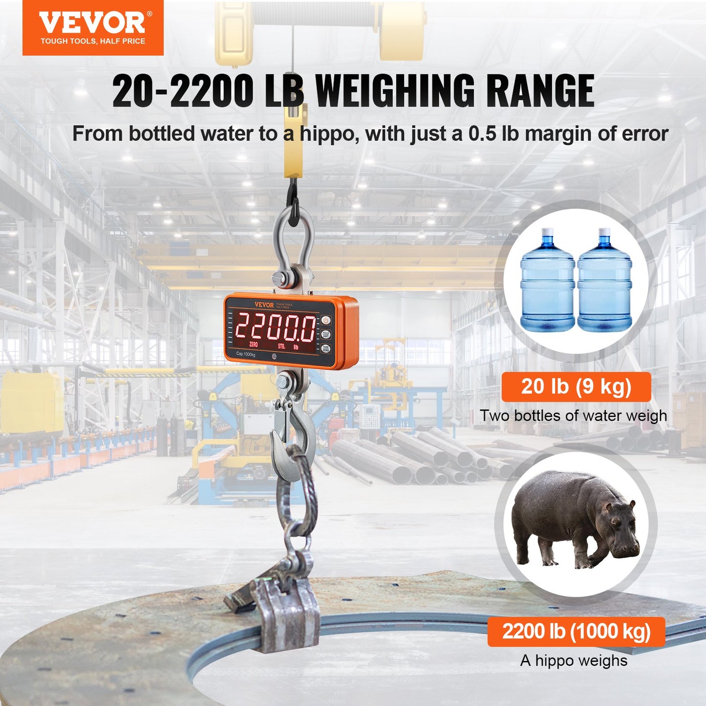 Digital Crane-våg, 2200 lbs/1000 kg, industriell tung hängvåg med fjärrkontroll, gjuten aluminiumfodral och LED-skärm, hög precision för konstruktion, fabrik, gård, jakt (orange)