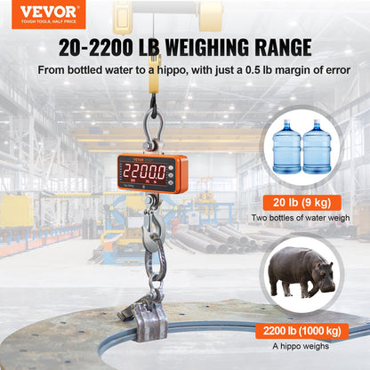 Digital Crane-våg, 2200 lbs/1000 kg, industriell tung hängvåg med fjärrkontroll, gjuten aluminiumfodral och LED-skärm, hög precision för konstruktion, fabrik, gård, jakt (orange)