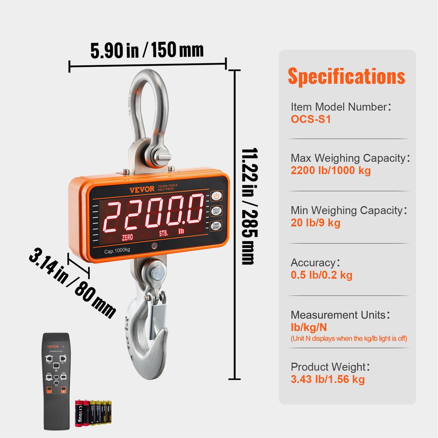Digital Crane-våg, 2200 lbs/1000 kg, industriell tung hängvåg med fjärrkontroll, gjuten aluminiumfodral och LED-skärm, hög precision för konstruktion, fabrik, gård, jakt (orange)