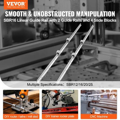 Linearführungsschienen, SBR16 1500 mm, 2 Stück 59 Zoll/1500 mm SBR16-Führungsschienen und 4 Stück SBR16UU-Gleitblöcke, Linearschienen und Lagersatz für automatisierte Maschinen, DIY-Projekt-CNC-Fräsmaschinen