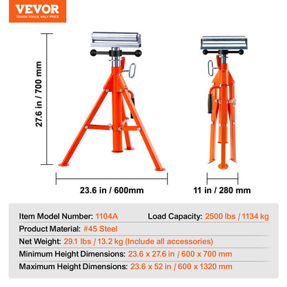 Roll Stand, Heavy Duty 2500 LBS Load Capacity, 27.6"-52" Height Adjustable, 45# Steel Foldable Roll Support Stand for Pipe, Wood Boards
