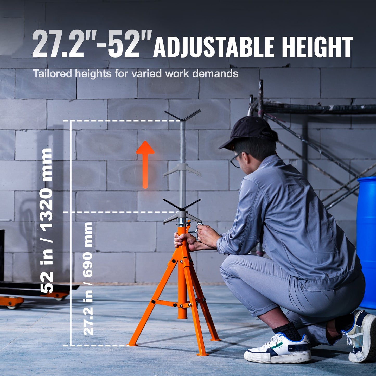 Pipe Stand, 2500LBS Heavy Duty Pipe Jack-stativ, 27,2"-52" Höjdjusterbar V Head Pipe Stand, 45# stål fällbar Jack Stand för 1/2-12 tums rör