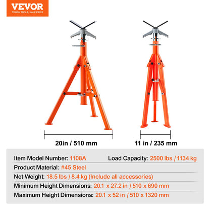 Pipe Stand, 2500LBS Heavy Duty Pipe Jack-stativ, 27,2"-52" Höjdjusterbar V Head Pipe Stand, 45# stål fällbar Jack Stand för 1/2-12 tums rör