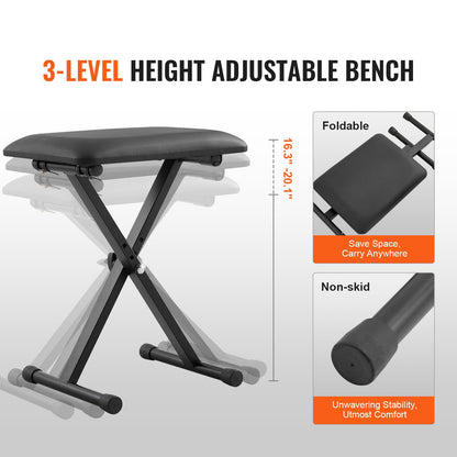 Piano Keyboard Stand and Bench Set, Z Style, Heavy Duty Digital Piano Music Stand and Seat, 250 lbs Capacity with Adjustable Piano Bench Width Height Wheels, Fits for 54-88 Keys Electric Pianos