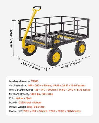 Steel Garden Cart 1400lb Capacity Heavy Duty Yard Wagon Cart 13in Tires