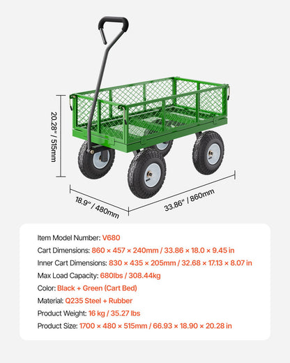 Steel Garden Cart 680lb Capacity Heavy Duty Yard Wagon Cart 10in Tires