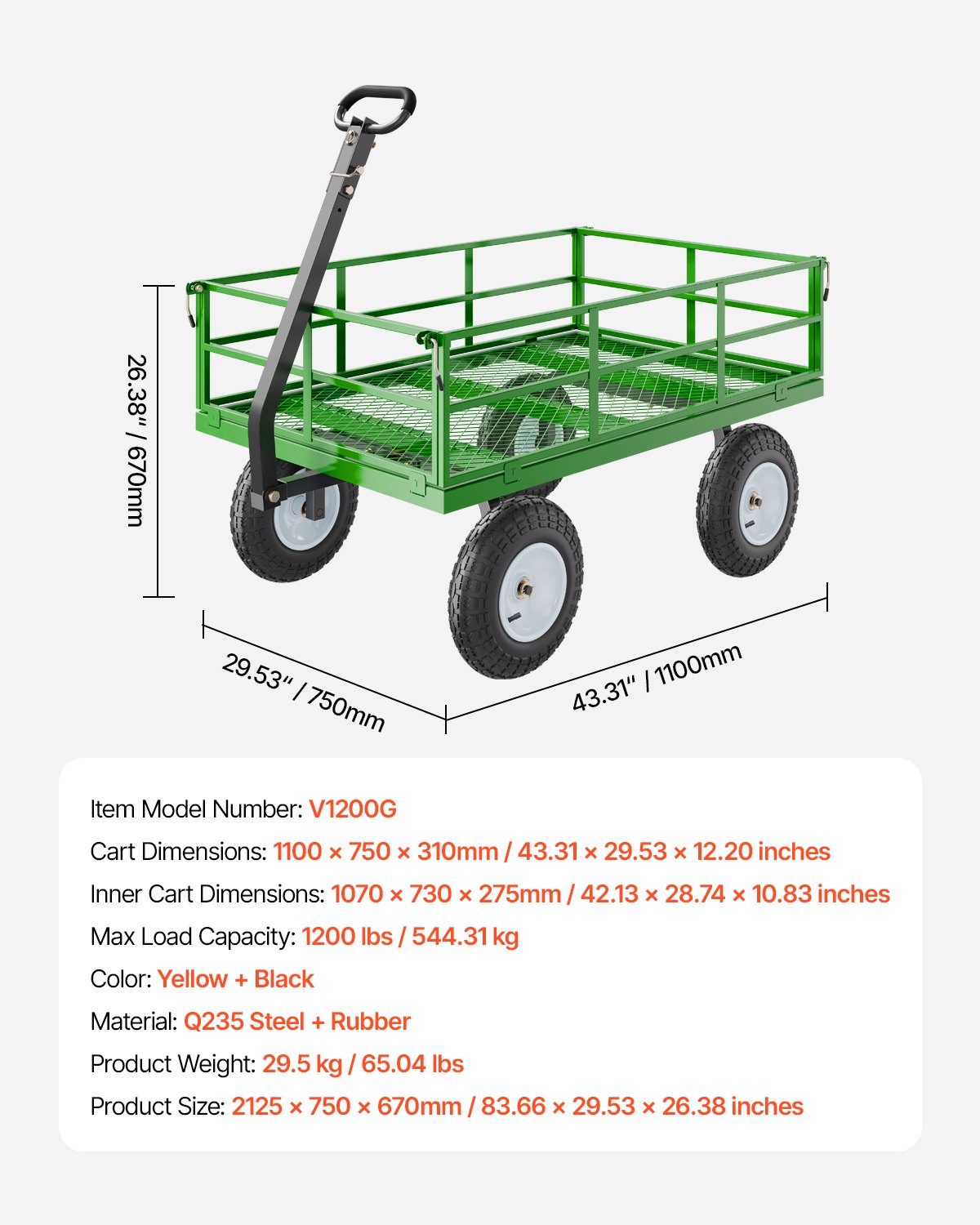 Steel Garden Cart 1200lbs Capacity Heavy Duty Wagon Cart 13in Tires
