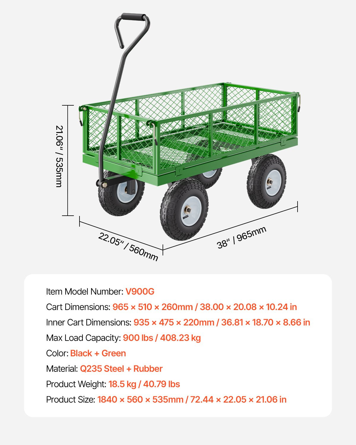 Steel Garden Cart 900lbs Capacity Heavy Duty Wagon Cart 10in Tires