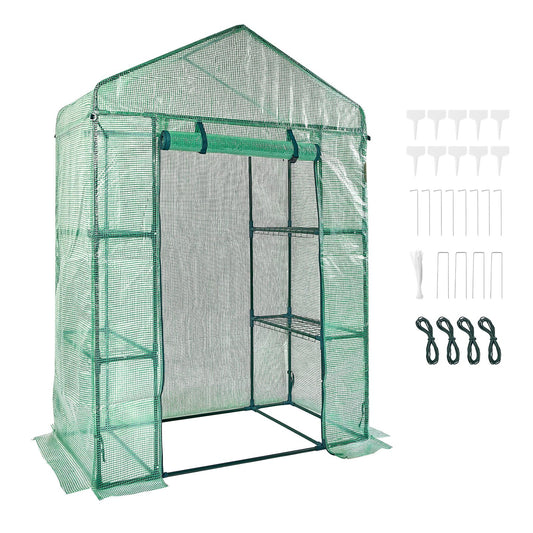 Walk-in Green House, 4,6 x 2,4 x 6,7 fot växthus med hyllor, uppställt på några minuter, höghållfast PE-kåpa med dörrar och fönster och stålram, lämplig för plantering och förvaring, grön