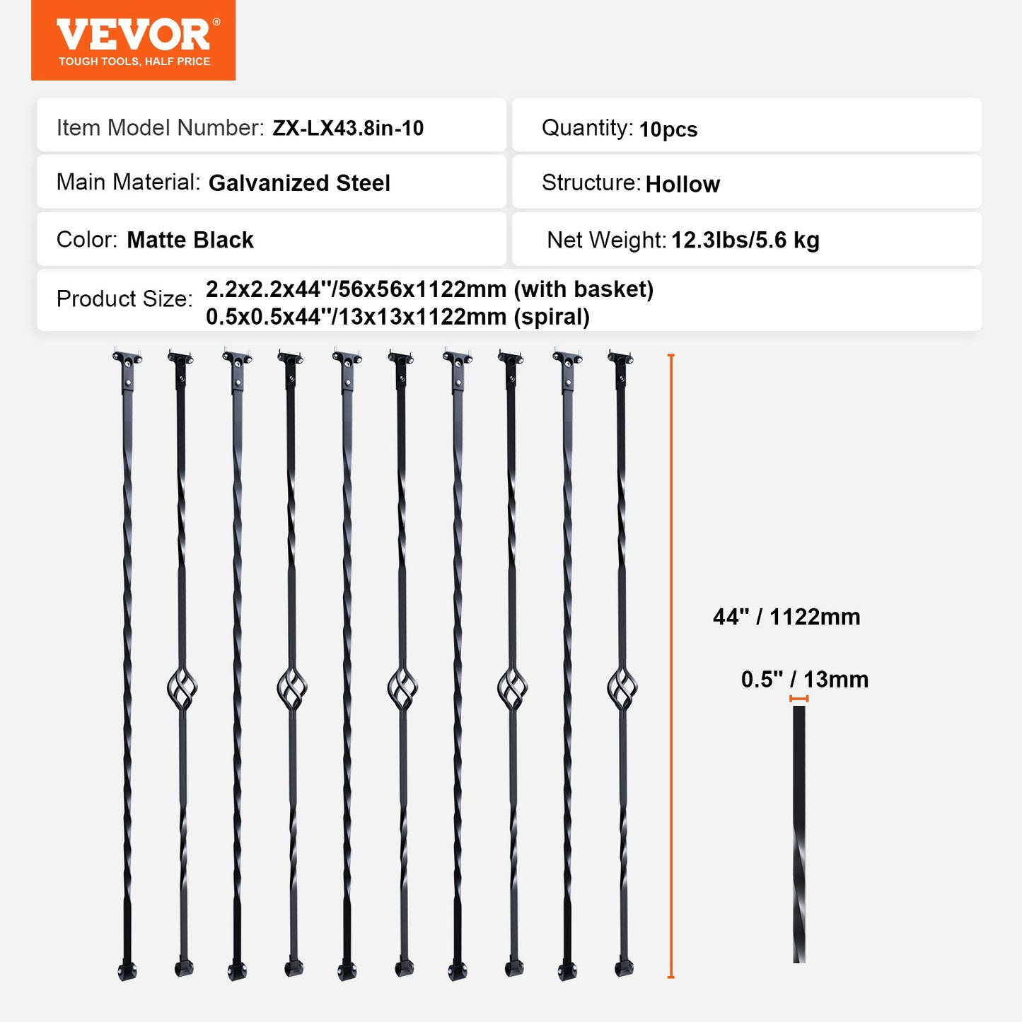 Trappa metallbalustrar, 44'' x 1/2" galvaniserat stål dekorativa räckespindlar, 10-pack däcksräcke med ihåliga enkla korgar, vridningar, spiraltrappräcke med skor och skruvar