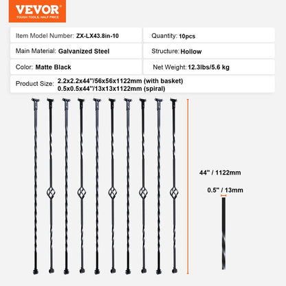 Trappa metallbalustrar, 44'' x 1/2" galvaniserat stål dekorativa räckespindlar, 10-pack däcksräcke med ihåliga enkla korgar, vridningar, spiraltrappräcke med skor och skruvar