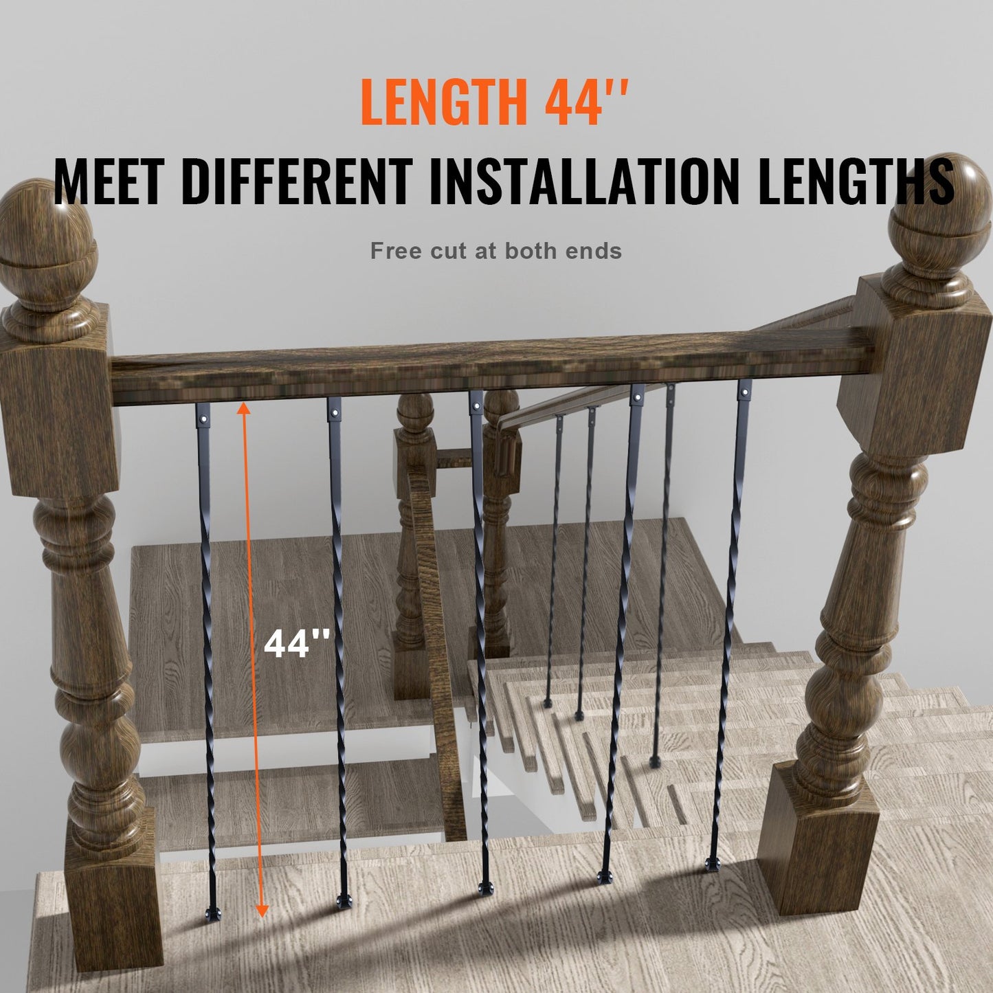 Trappstolar i metall, 44 tum x 1/2 tum galvaniserat stål dekorativa räckespindlar, 10-pack däcksräcke med ihåliga vridningar, satängsvart spiraltrappräcke med skor och skruvar