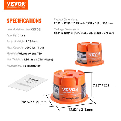 Trailer Jack Block, 2000 lbs Kapacitet per RV Leveling Block, högkvalitativ polypropylen RV Camper Stabilizer Blocks, RV Resetillbehör Används för alla tunga Jack, stolpe, fot, 5:e hjul, 2-pack