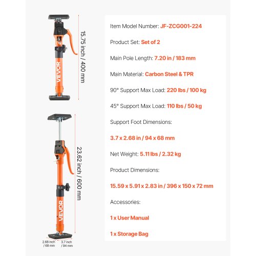 Skåpdomkraftsstöd, 2-pack, 40-60 cm teleskopisk snabbstödstång i stål, justerbart 3:e handssystem upp till 100 kg kapacitet för installation av skåp, lyft av gipsväggar, laststänger |  EU