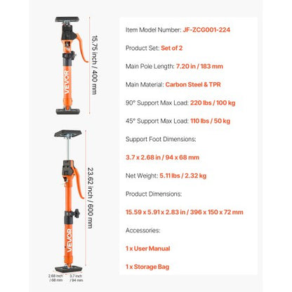 Skåpdomkraftsstöd, 2-pack, 40-60 cm teleskopisk snabbstödstång i stål, justerbart 3:e handssystem upp till 100 kg kapacitet för installation av skåp, lyft av gipsväggar, laststänger |  EU