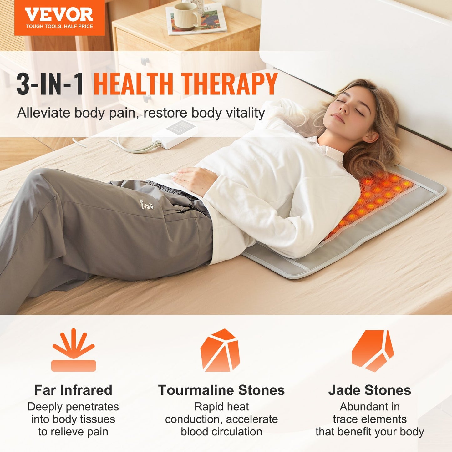 Far Infrared Heating Pad 52 Natural Jade & 20 Tourmaline Stone Heating Pad