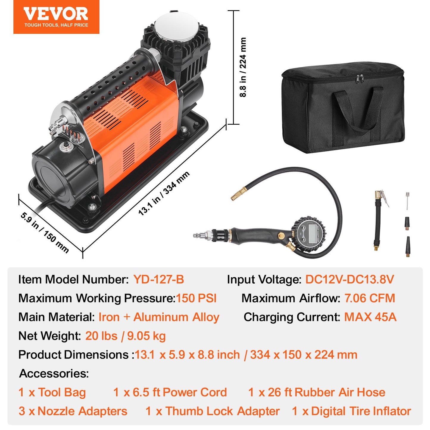 12V Heavy Duty Bärbar Luftkompressor Bildäck Inflator 7.06CFM 150PSI