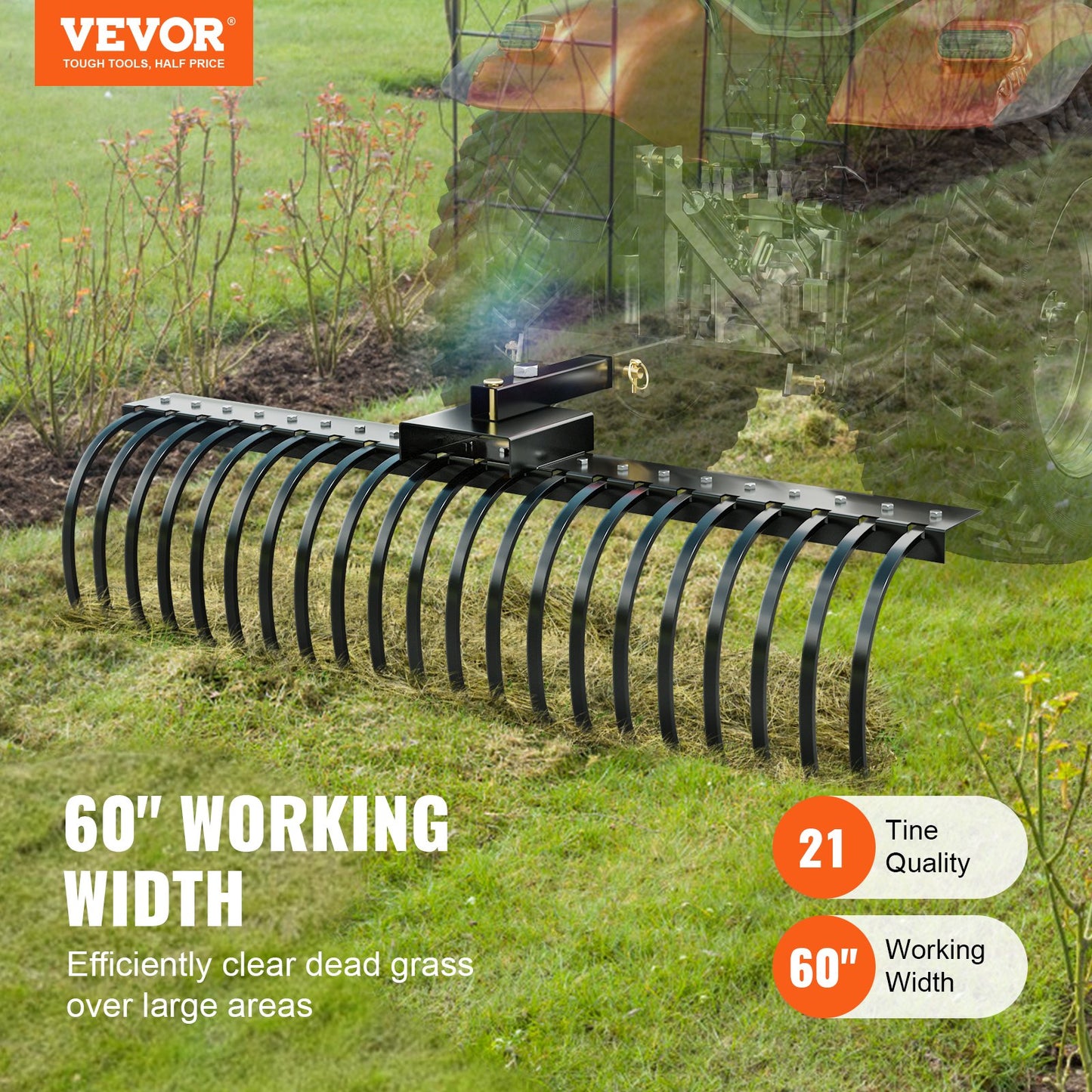Tow behind landscape rake 60" Lawn Dethatcher Rake with 21 steel tines