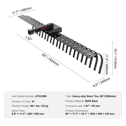 Tow behind landscape rake 60" Lawn Dethatcher Rake with 21 steel tines