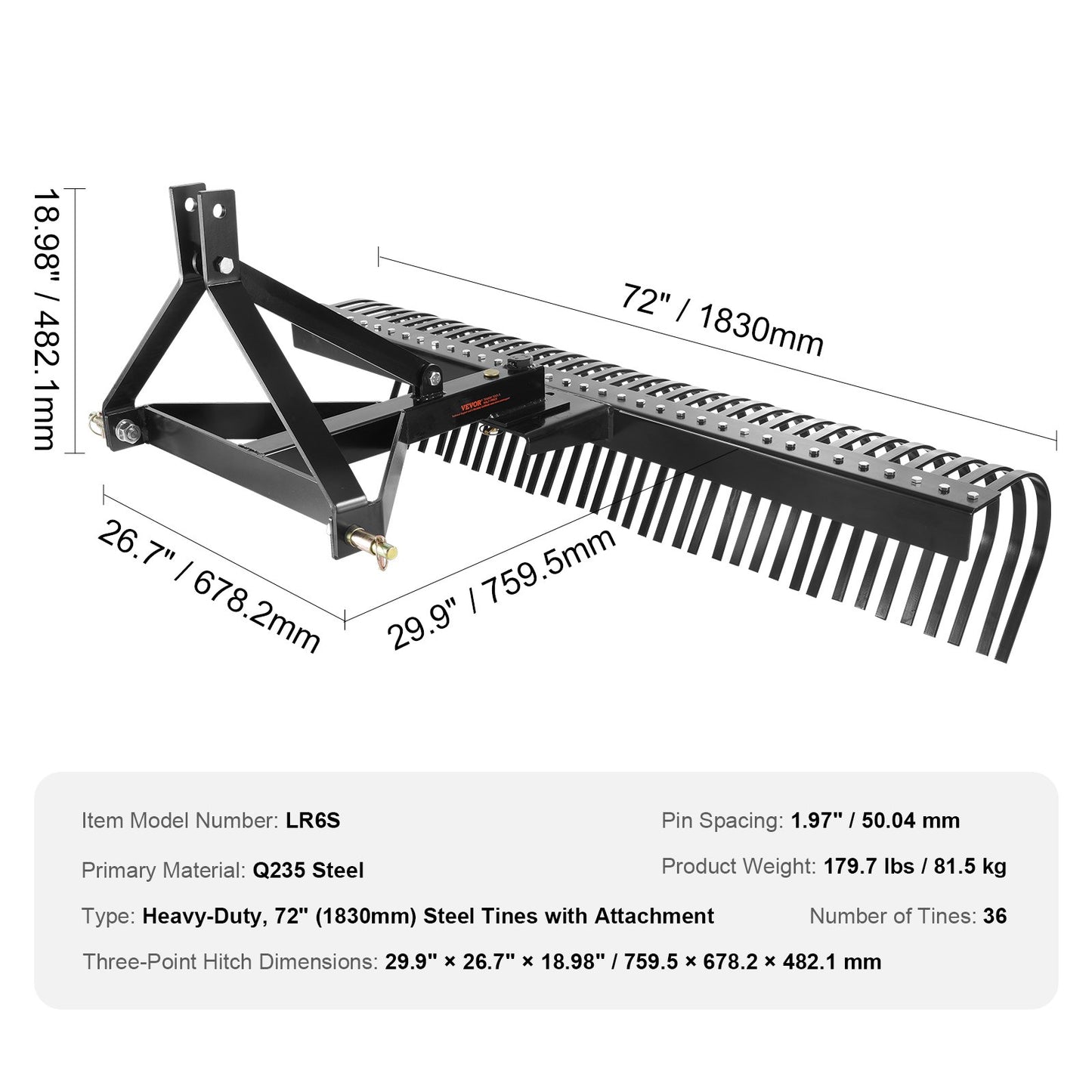 Tow Behind Dethatcher 72" 3-Point Lawn Dethatcher Rake with Accessories