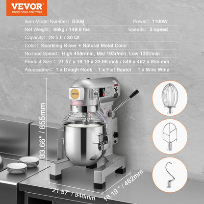 Commercial Food Mixer 28,5L 3-hastighets Stand Deg Mixer 1100W för restaurang