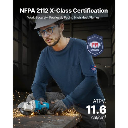 FR Skjortor, Flamskyddande Långärmade Kläder Lätt 7 oz Andningsbar Bomull, Herr Flamhämmande Arbetsskjorta med Förkrympbehandling och Ficka, För Svetsare, Elektriker, Marinblå 2XL |  EU