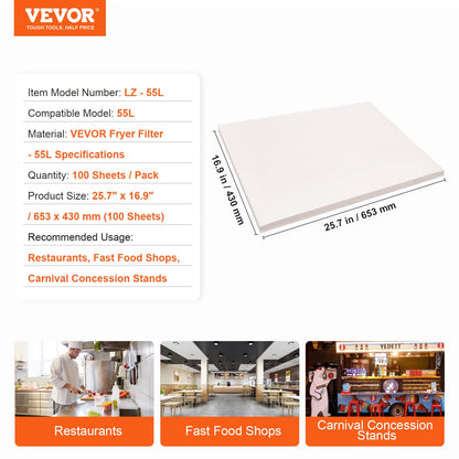 Fryer Filter Paper, 100 Sheets, 25.7" x 16.9", Replacement Fryer Filter Sheets for 55L Commercial Mobile Fryer Filter Machine, for Restaurant, Fast Food Shop, Carnival Concession Stand