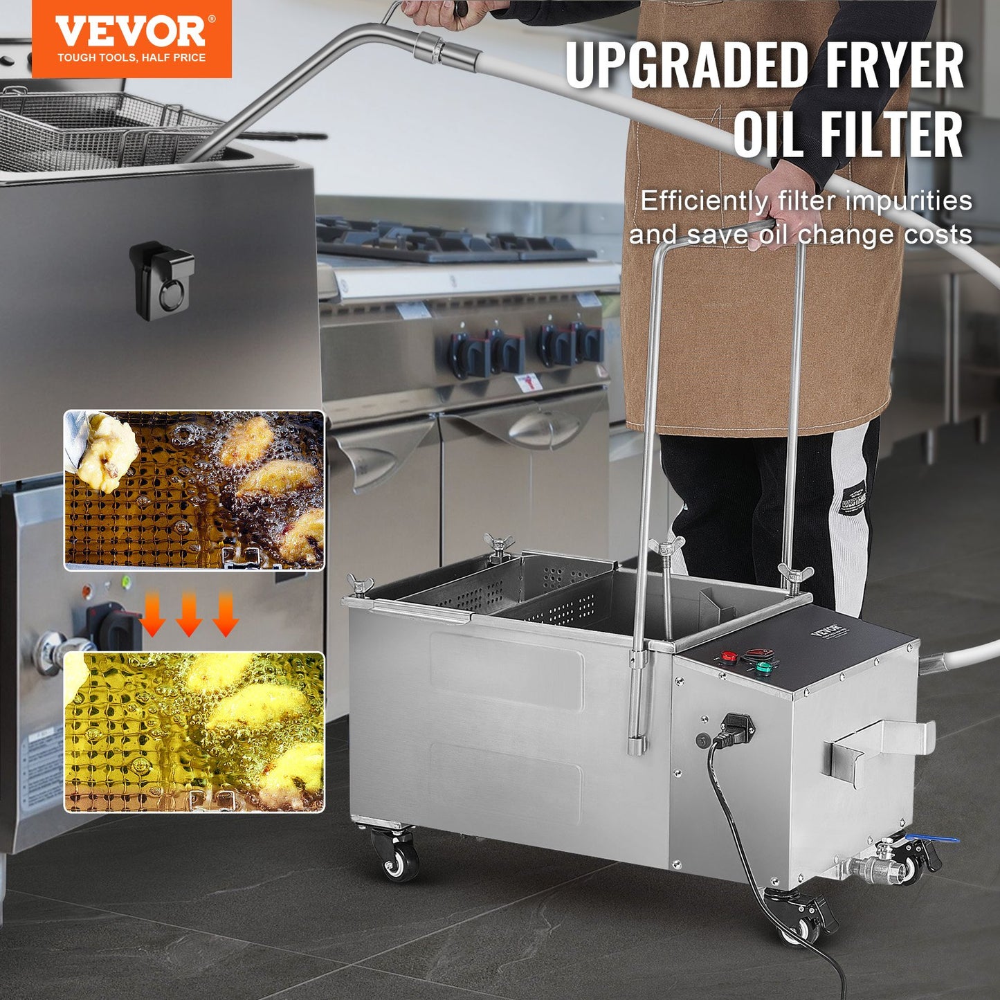 Mobilt fritösfilter, 38L oljetankkapacitet, oljefiltreringssystem med 10 l/min oljefiltreringshastighet, mobilt frityroljefiltreringssystem med svängbara hjul, oljeslang för restaurangburgare