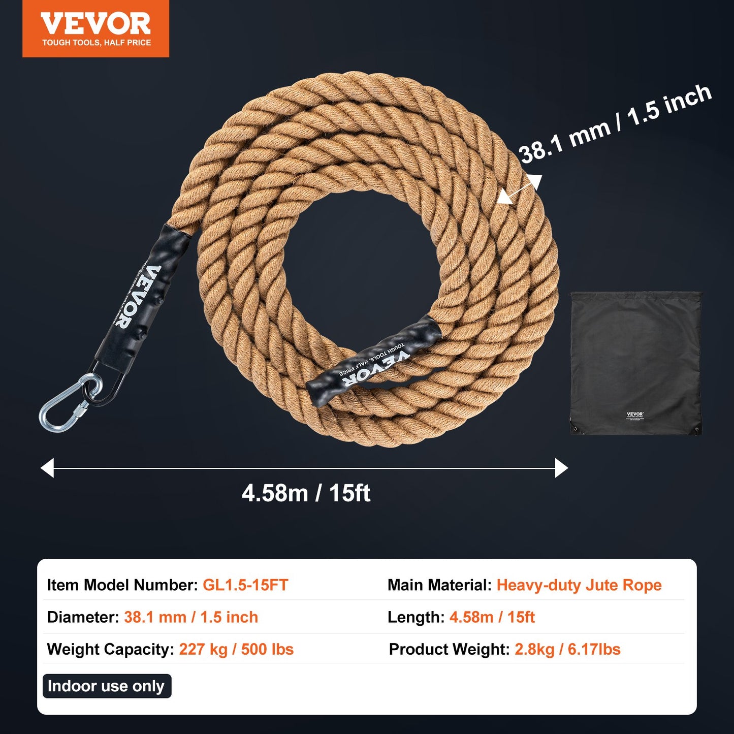 1.5"x15FT Gym Climbing Rope Fitness Strength Training Rope Home Workout