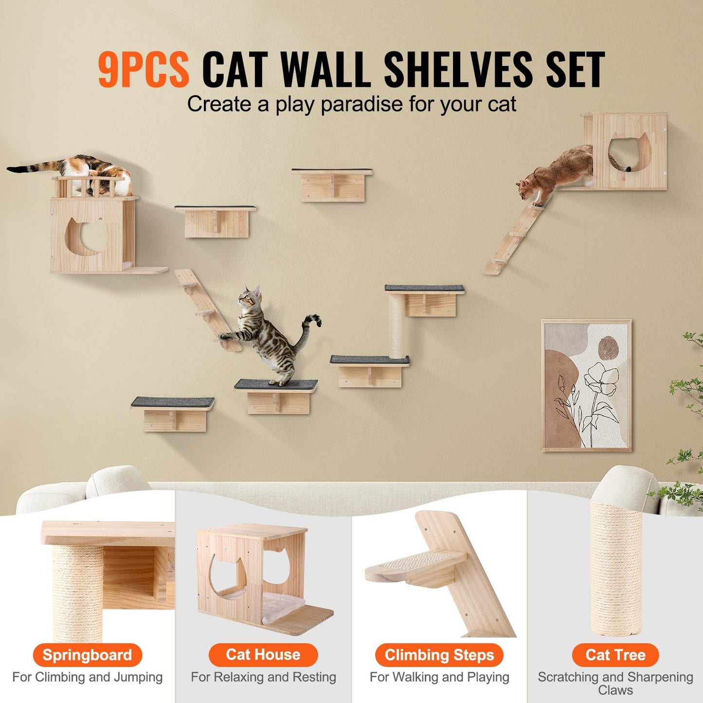 Wall Mounted Cat Shelves Tree with Jumping Boards Nests Hammock Set of 9